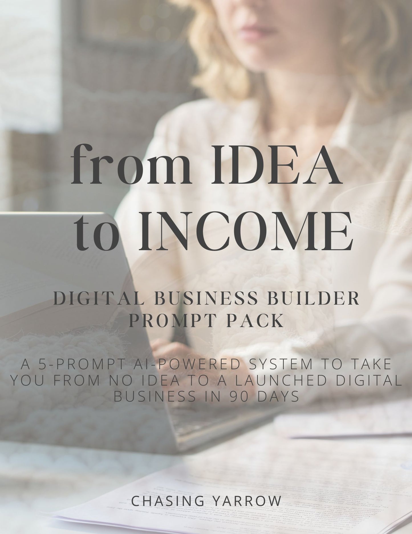 Ebook cover for digital business prompt pack, woman working on laptop, text overlay.