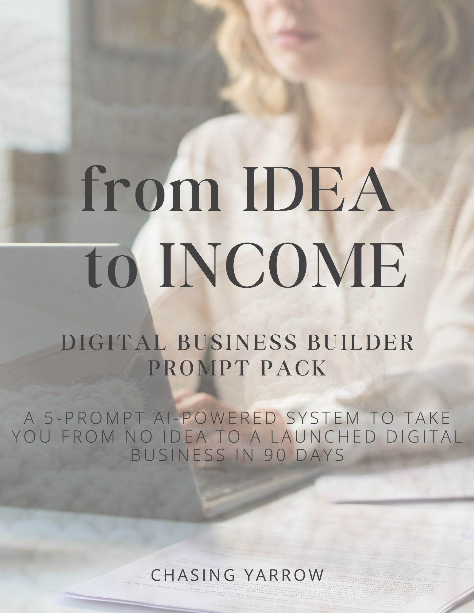 Ebook cover for digital business prompt pack, woman working on laptop, text overlay.