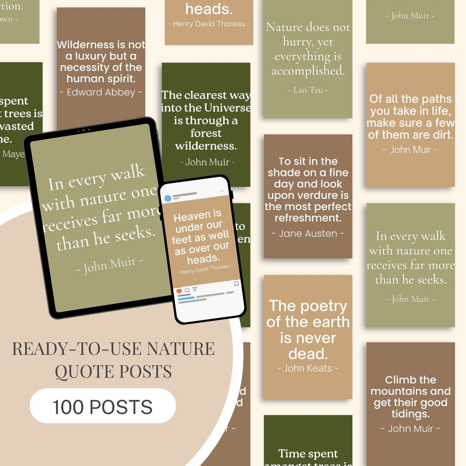 Nature quote digital post templates displayed on tablet and phone, promoting 100 ready-to-use nature quote posts for social media.